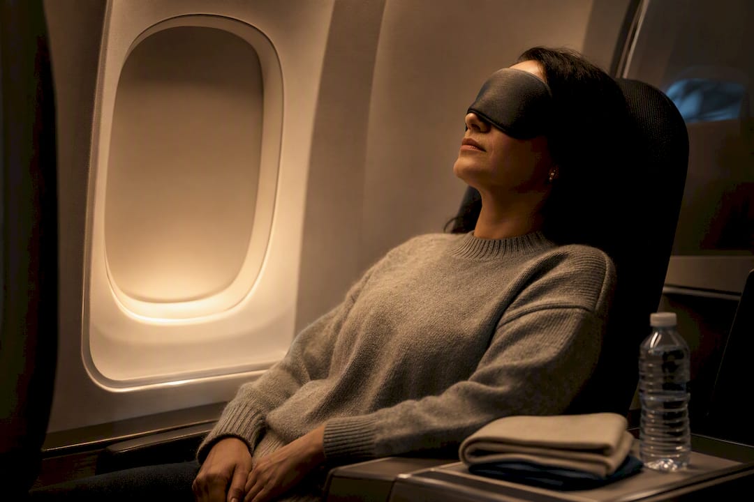 Resenär som vilar med sovmask på flygplanet