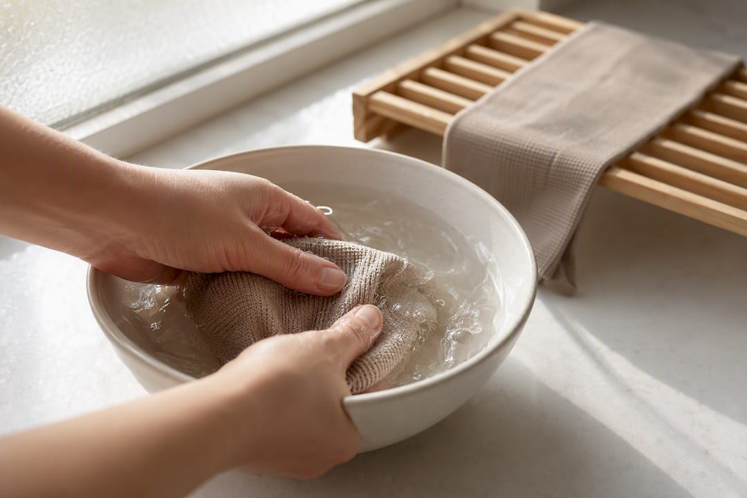 Händer sköljer försiktigt ett elastiskt textilmaterial