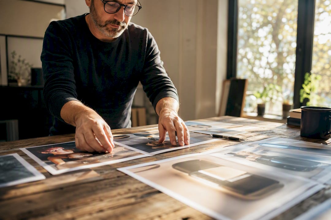 Hands arranging printed ad concepts on table