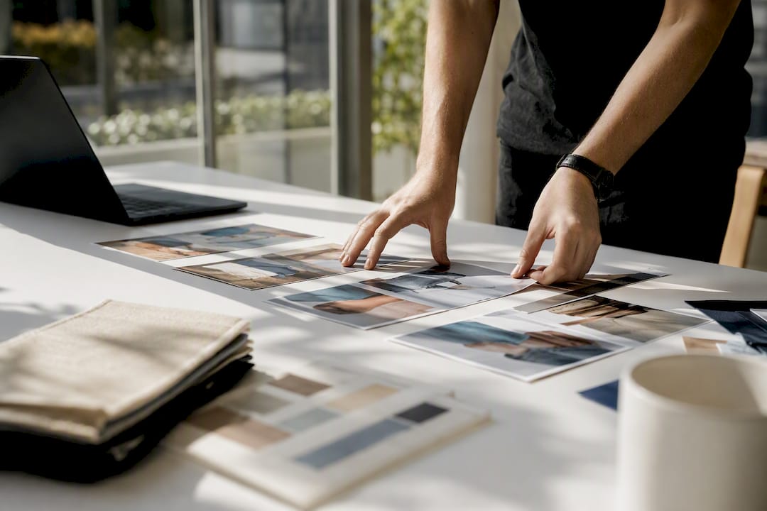 Hands arranging color swatches in creative space