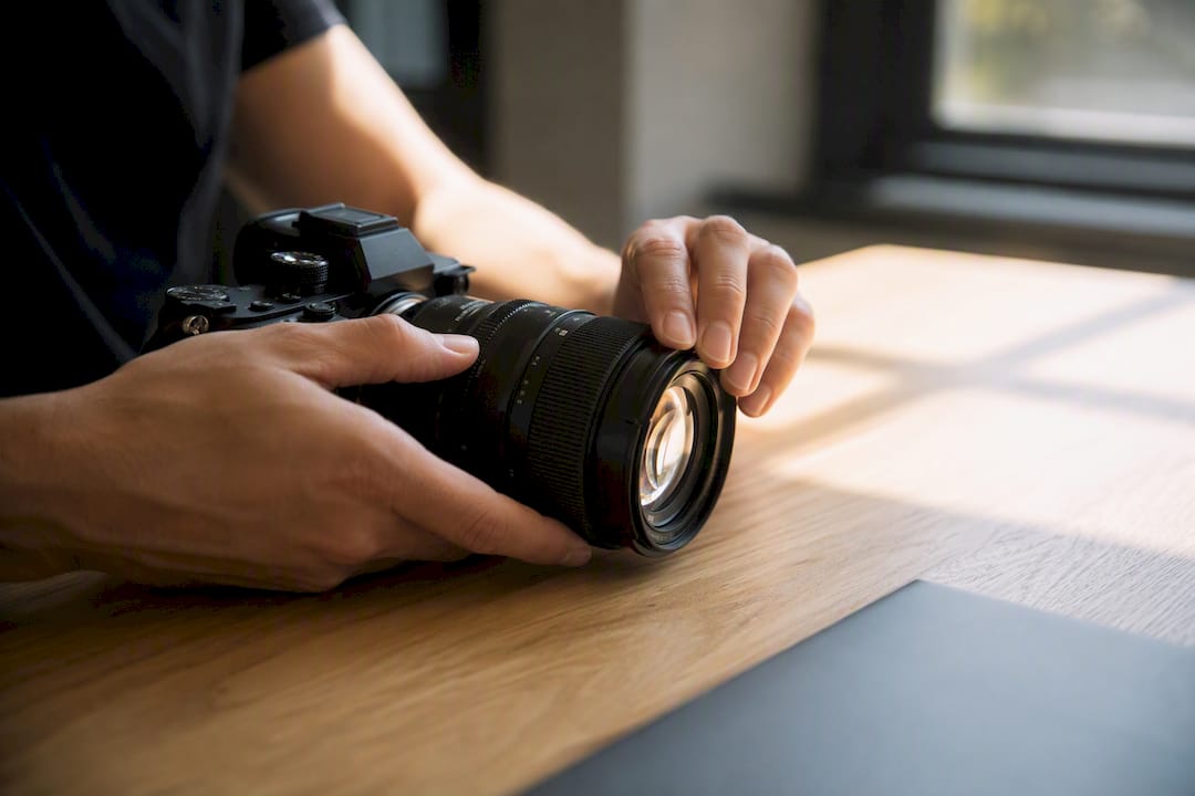 Hands adjusting camera lens dial close-up