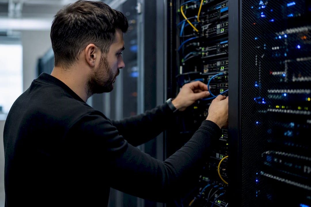 Hands checking server cables closely in data center