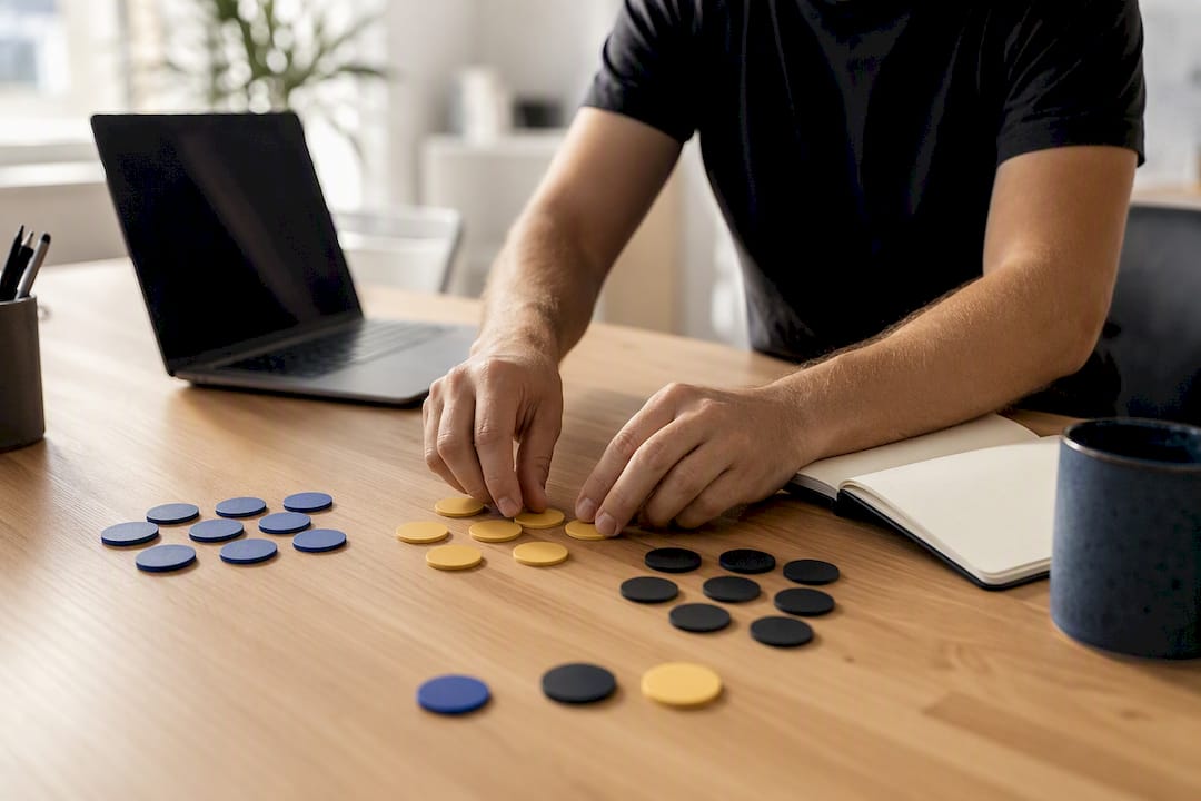 Hands organizing budget tokens on desk