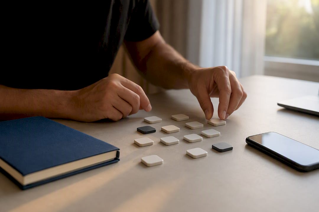 Hands arranging creative test variables on desk