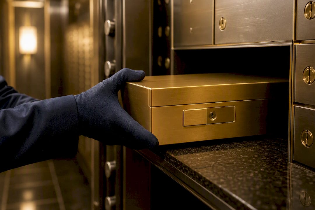 Hand placing safe deposit box in vault