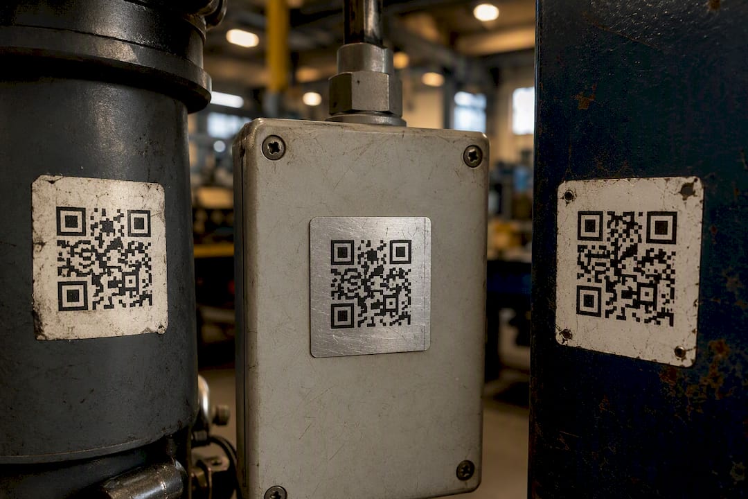 Different durable QR code labels on equipment surfaces