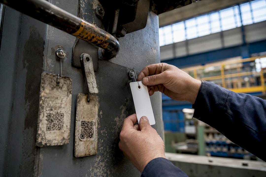 Hands replacing compliance tag on industrial equipment