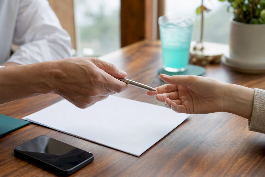 Exchanging pen over blank contract