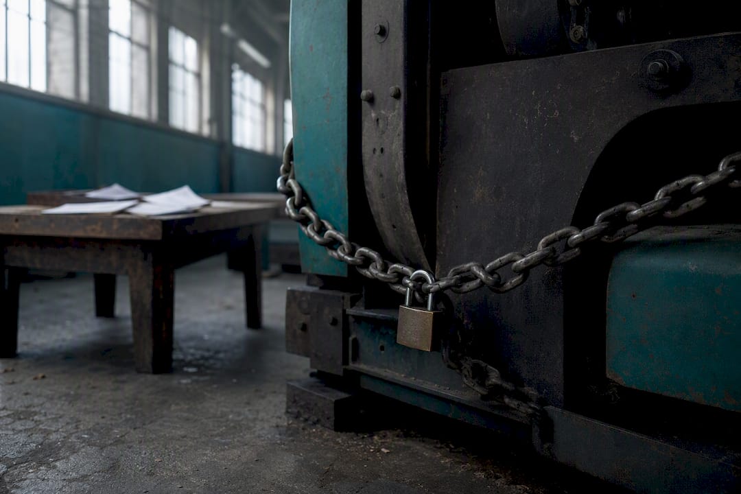 Machine secured with chain and padlock in warehouse