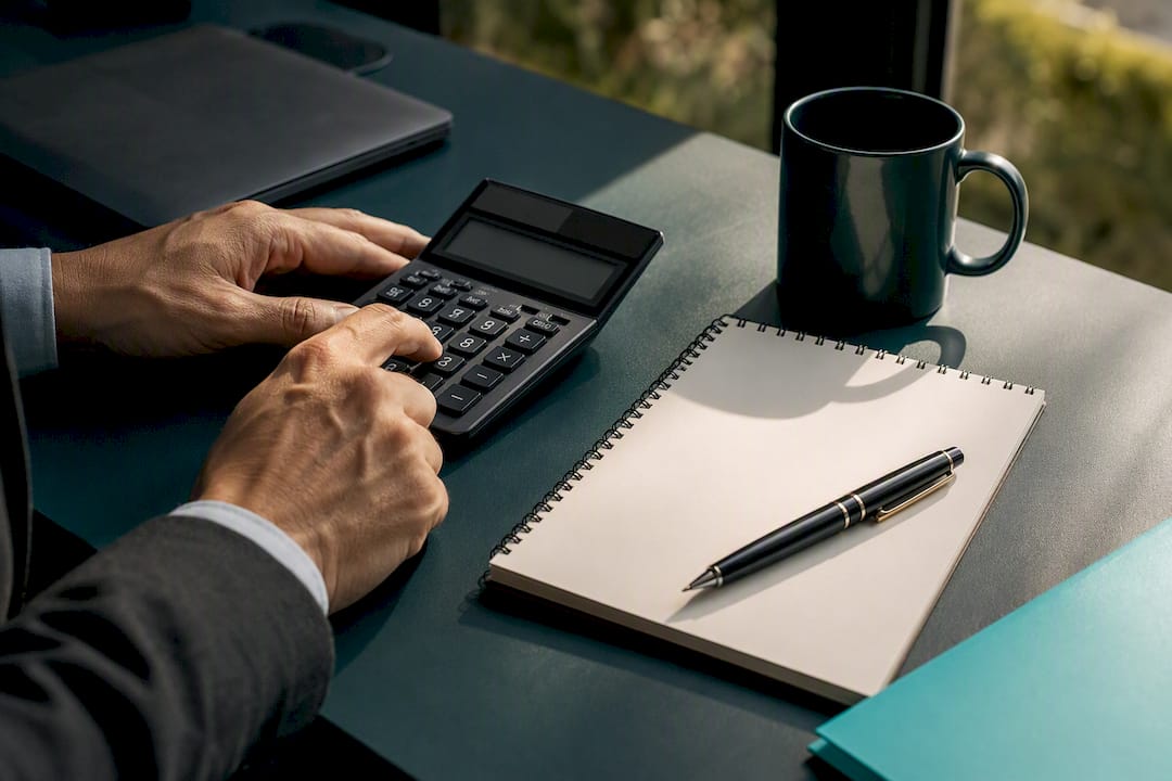 Hands calculating equity shares on calculator