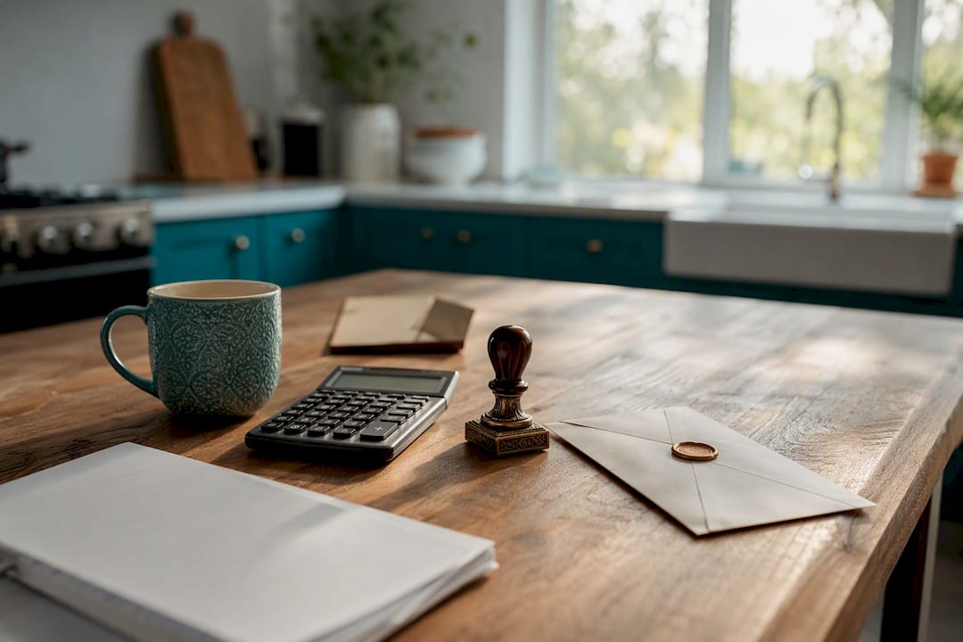 Legal stamp, calculator, and valuation report on desk