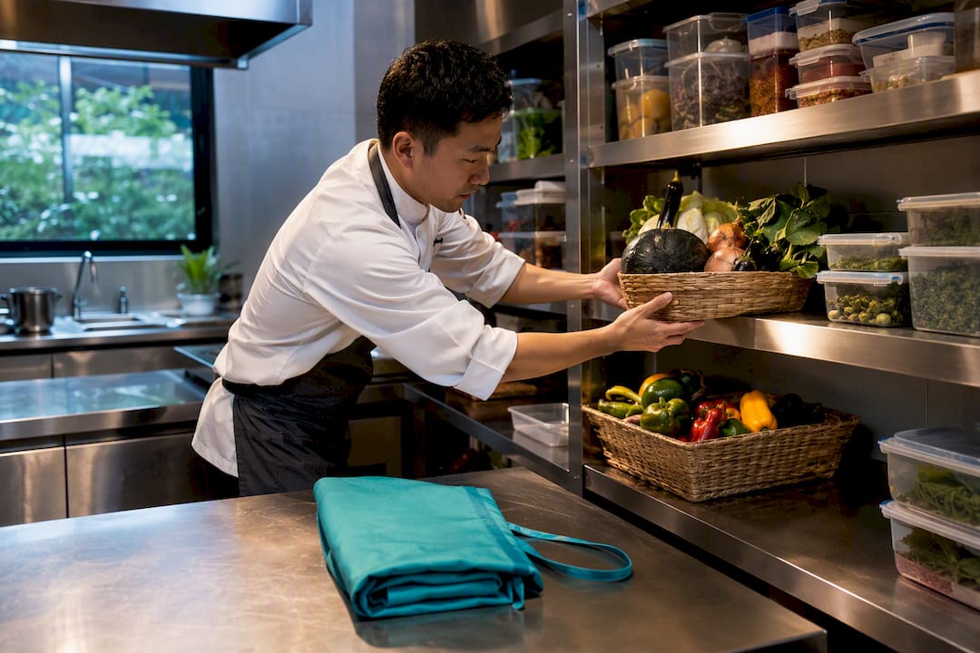Restaurant staff stocking fresh ingredients