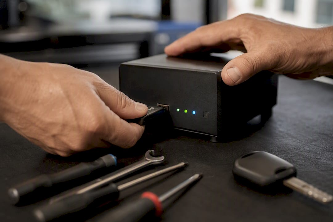 Hände stecken einen USB-Sicherheitstoken ein