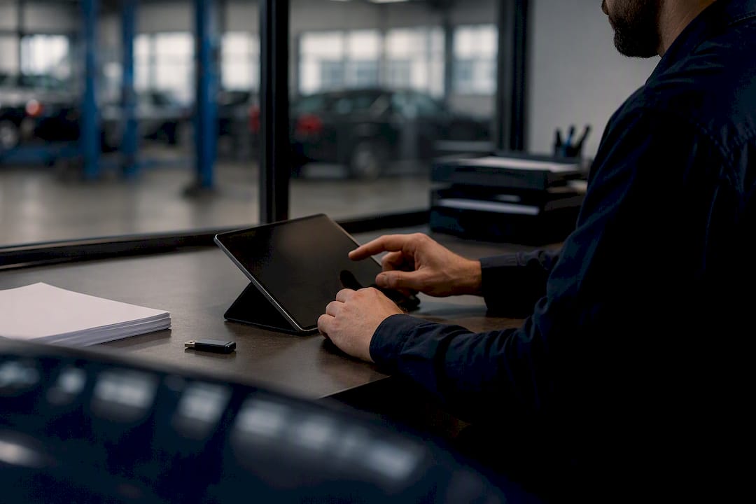 Hände bedienen ein Tablet für elektronische Rechnungen in der Werkstatt