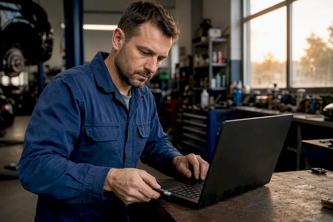 Hand steckt USB-Token in Laptop in der Werkstatt