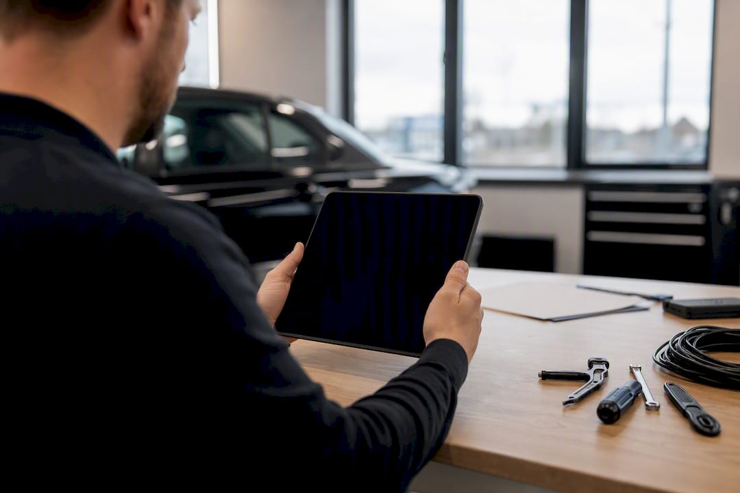 Hand hält Tablet im Werkstattbüro mit Fahrzeugsilhouette