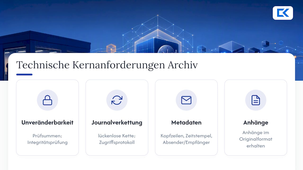 Diagramm der technischen Anforderungen für GoBD-konforme E-Mail-Archivierung