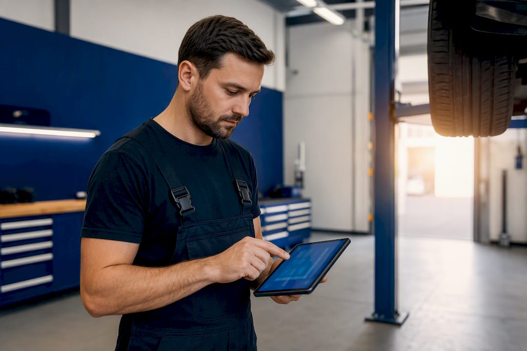 Techniker setzt digitale Checkliste in der Werkstatt ein