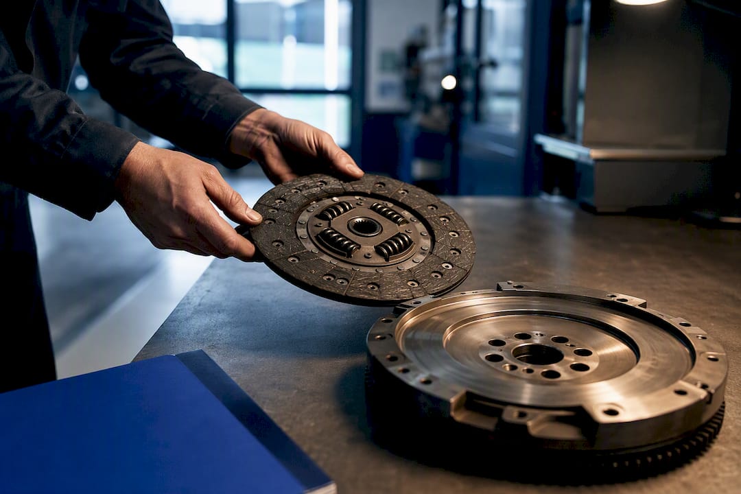 Mechaniker überprüft die Kupplung für die Kostenschätzung