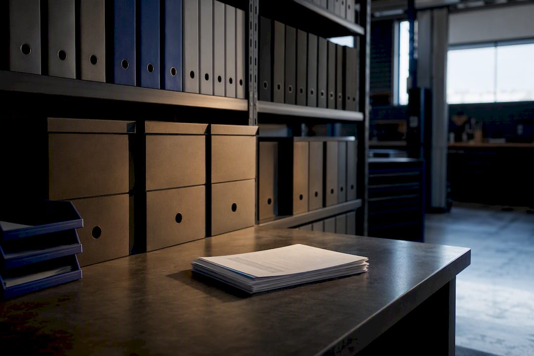 Ordentlich sortierte Archivboxen in einer Werkstatt