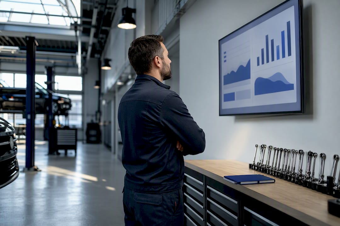 Die Werkstattleitung überprüft das KPI-Dashboard in der Servicehalle