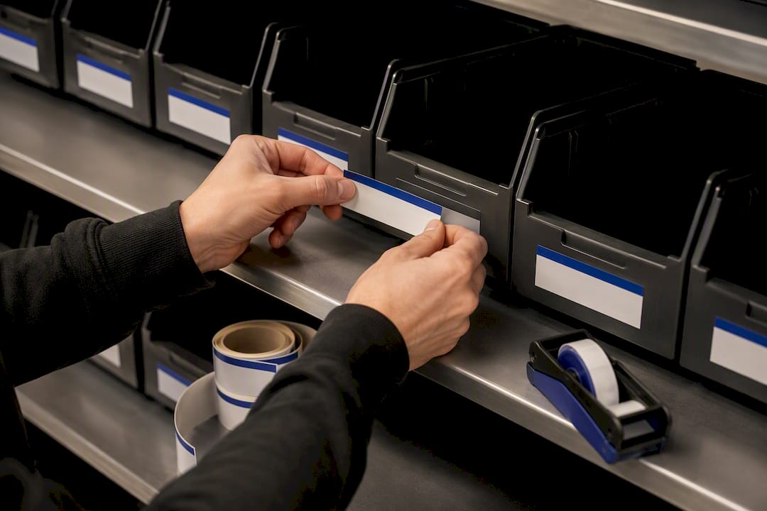 Etiketten werden an Lagerboxen befestigt
