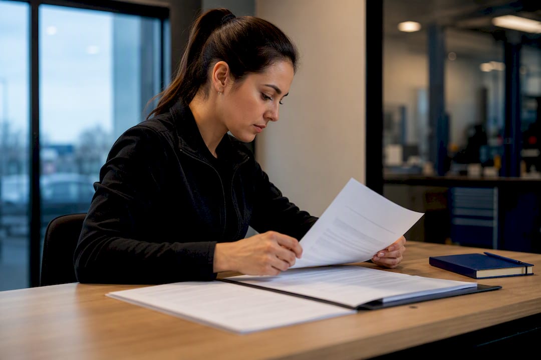 Mitarbeiterin überprüft Rechnung im Werkstattbüro
