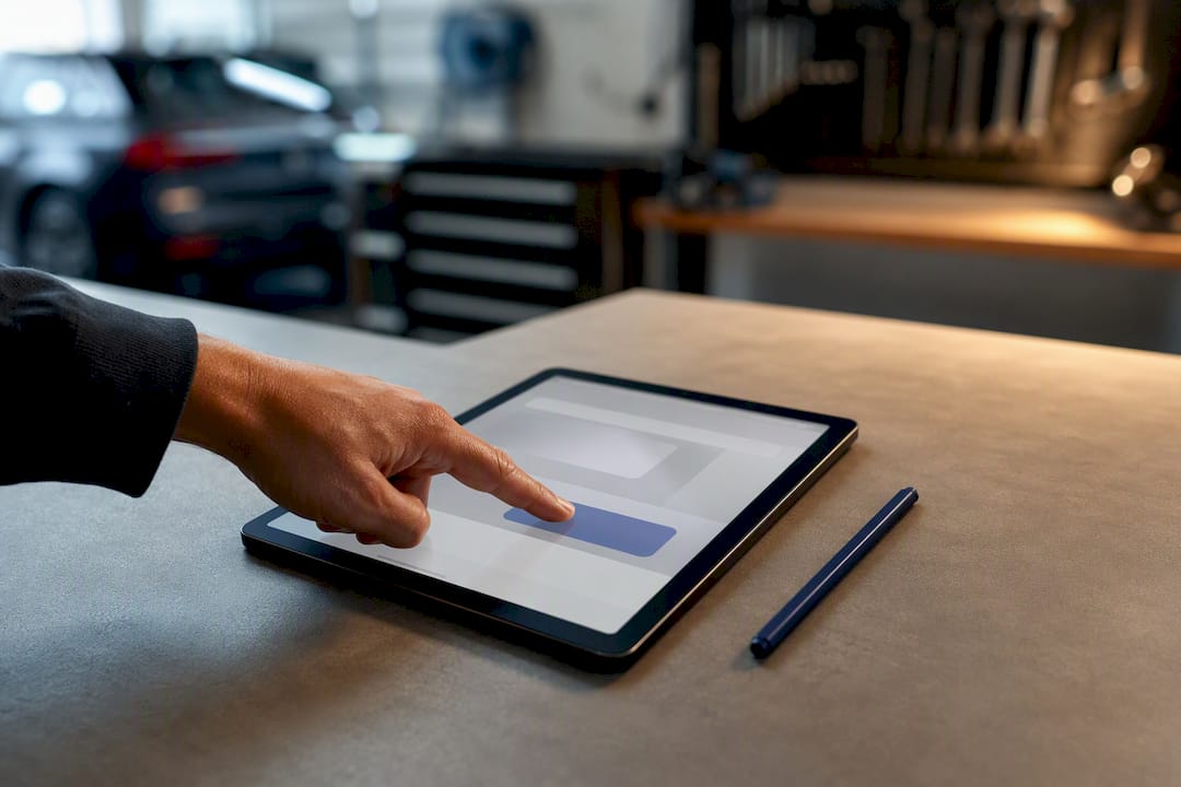 Digitale Unterschrift auf dem Tablet in der Werkstatt