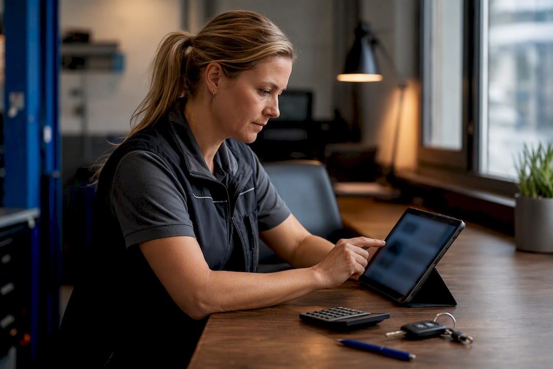 Die Werkstattbesitzerin überprüft die Integrationskosten auf dem Tablet