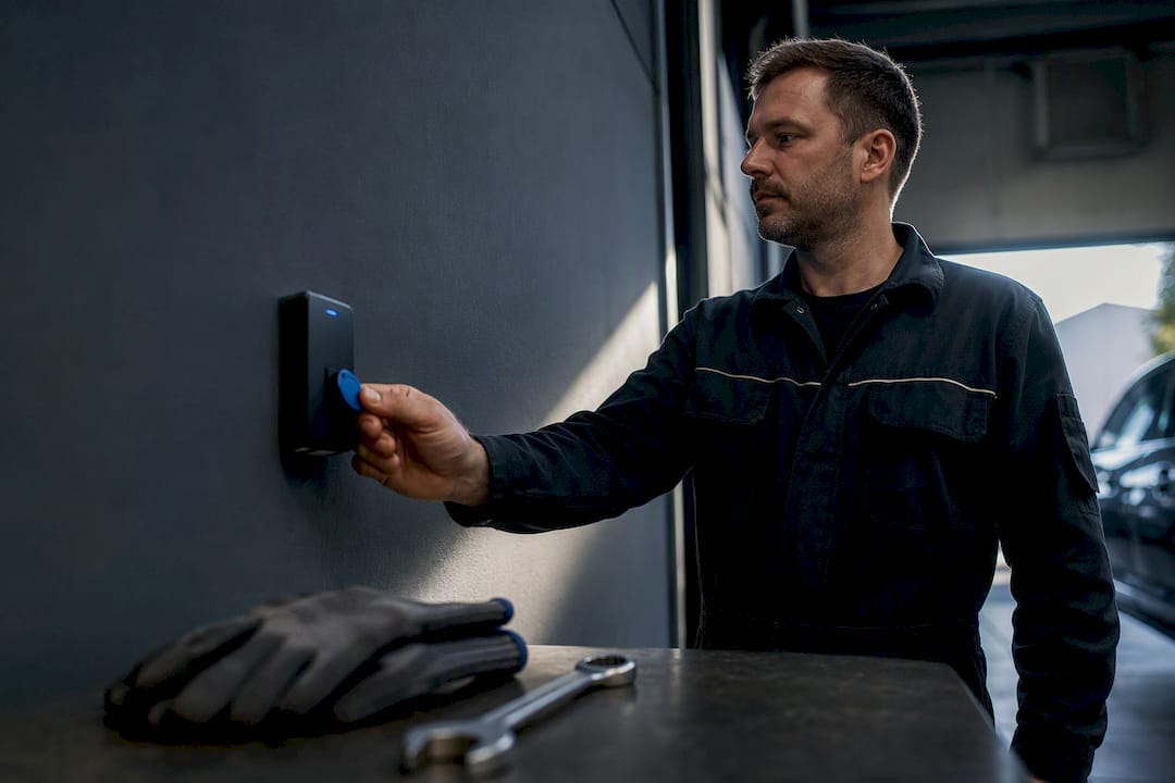 Mechaniker erfassen ihre Arbeitszeit am Wandterminal
