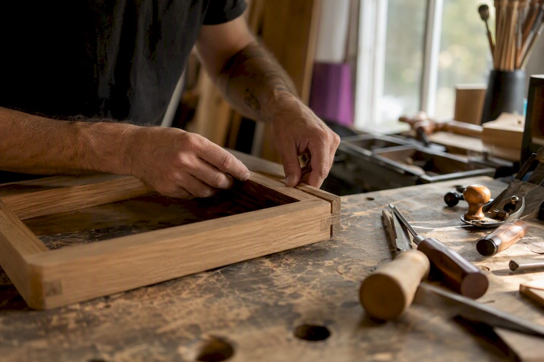 Hands crafting wood frame on workbench