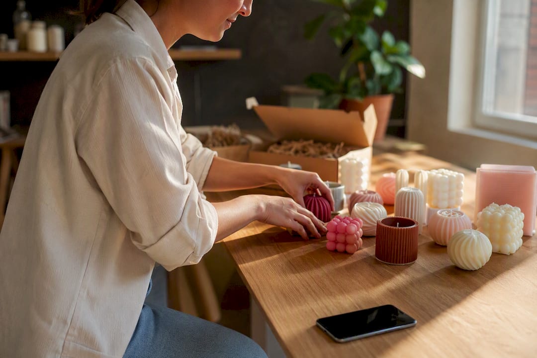 Hands arranging products for multiple TikTok videos