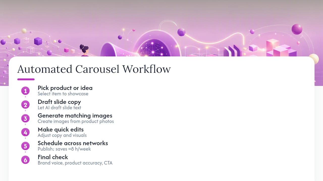 Five-step AI carousel workflow diagram