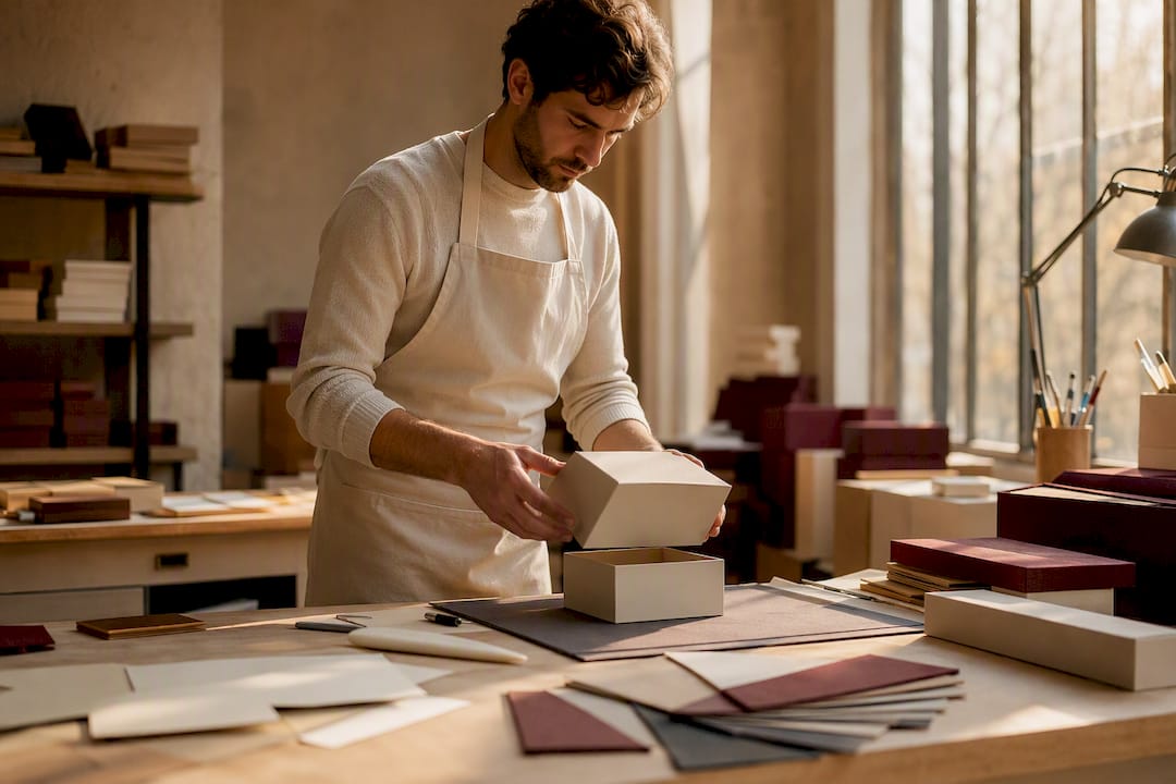 Hands assembling a luxury perfume box
