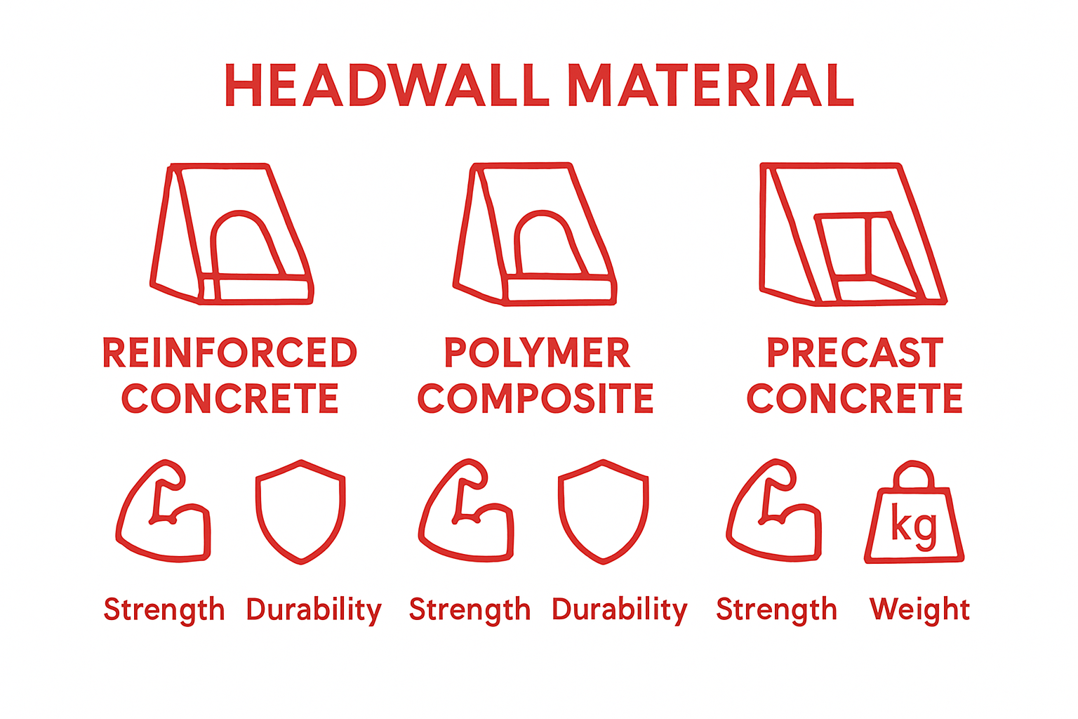 Comparison of headwall construction materials with icons