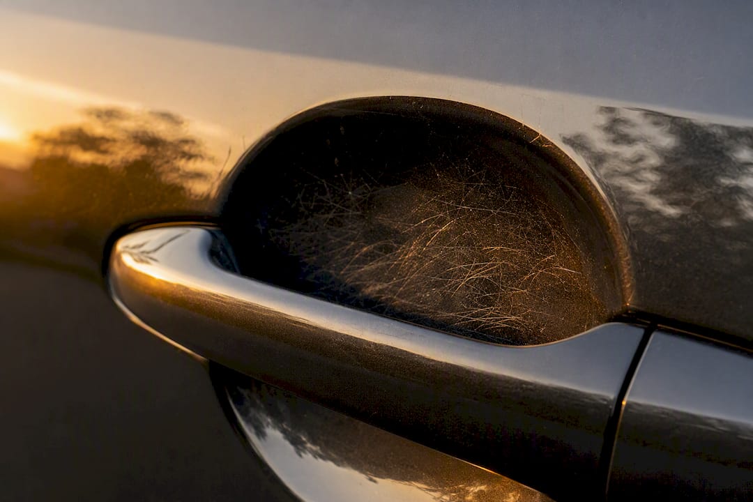 Close-up of scratched car door handle area