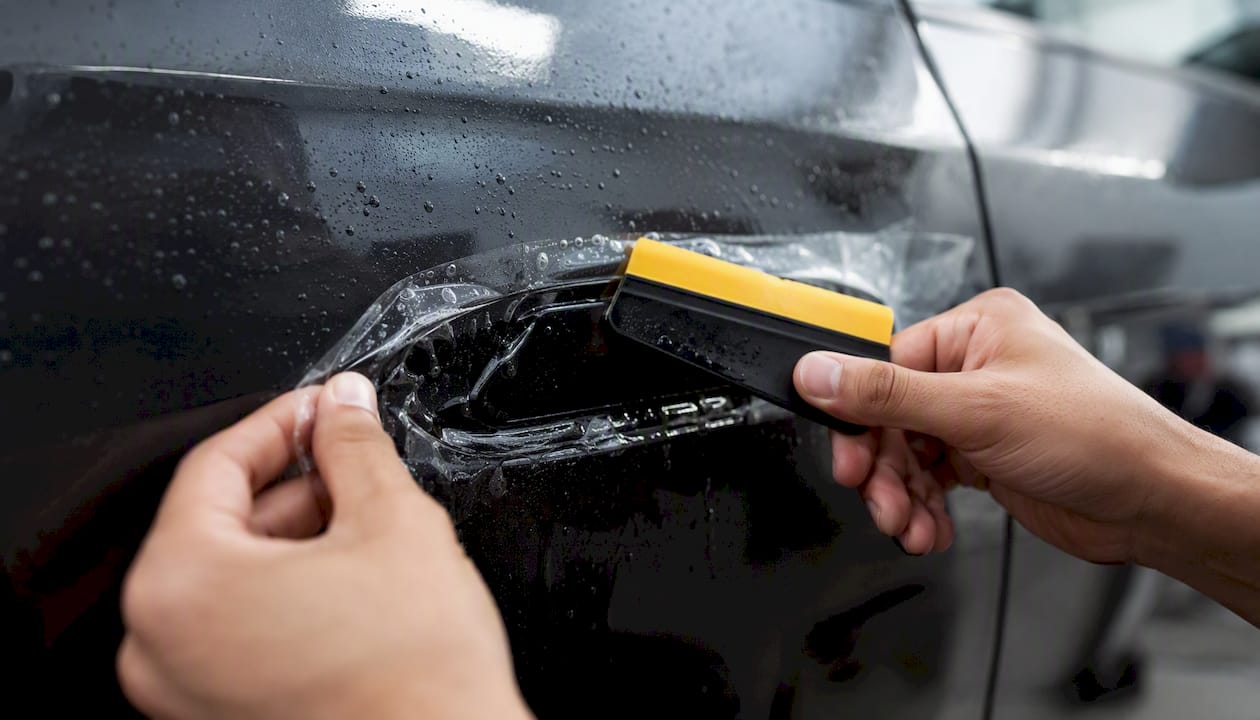 Squeegeeing paint protection film on car door cup
