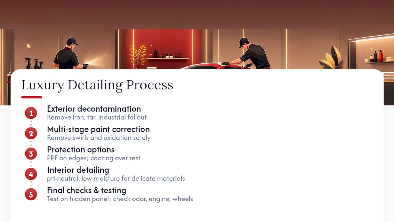 Multi-step luxury car detailing process flowchart