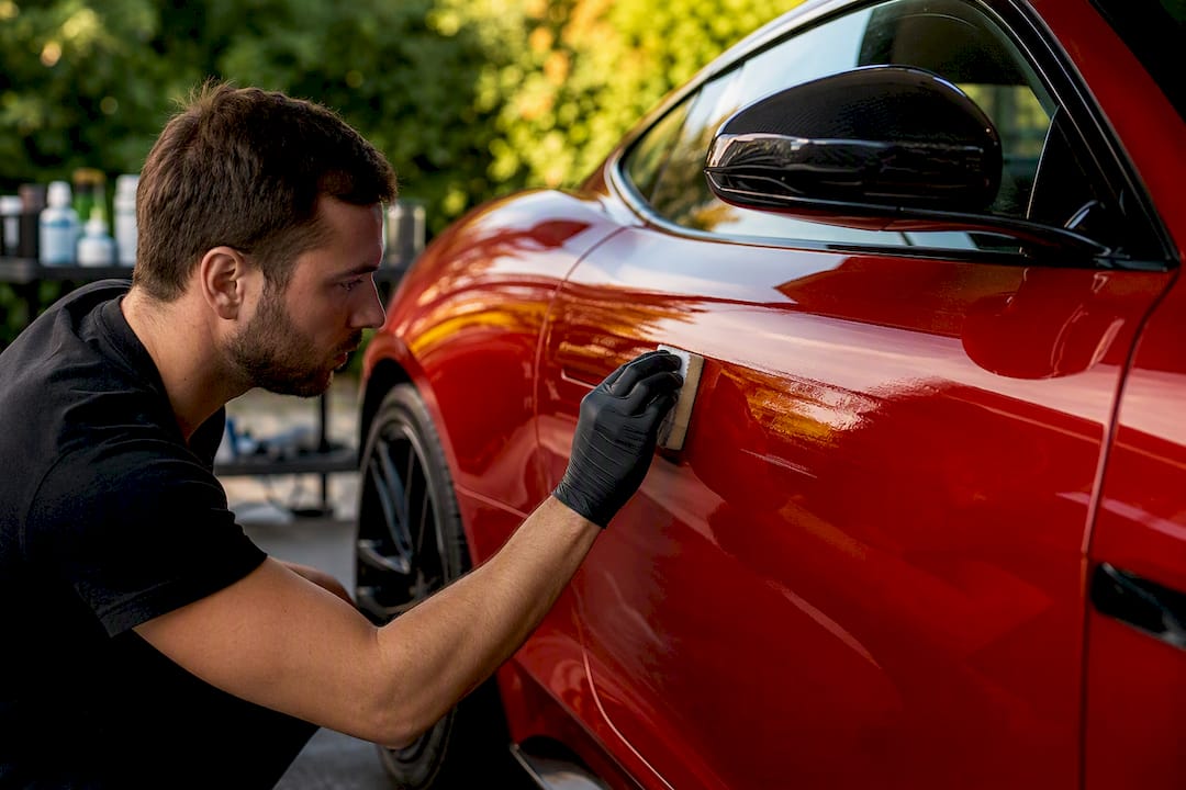 Detailer applying ceramic coating on car exterior