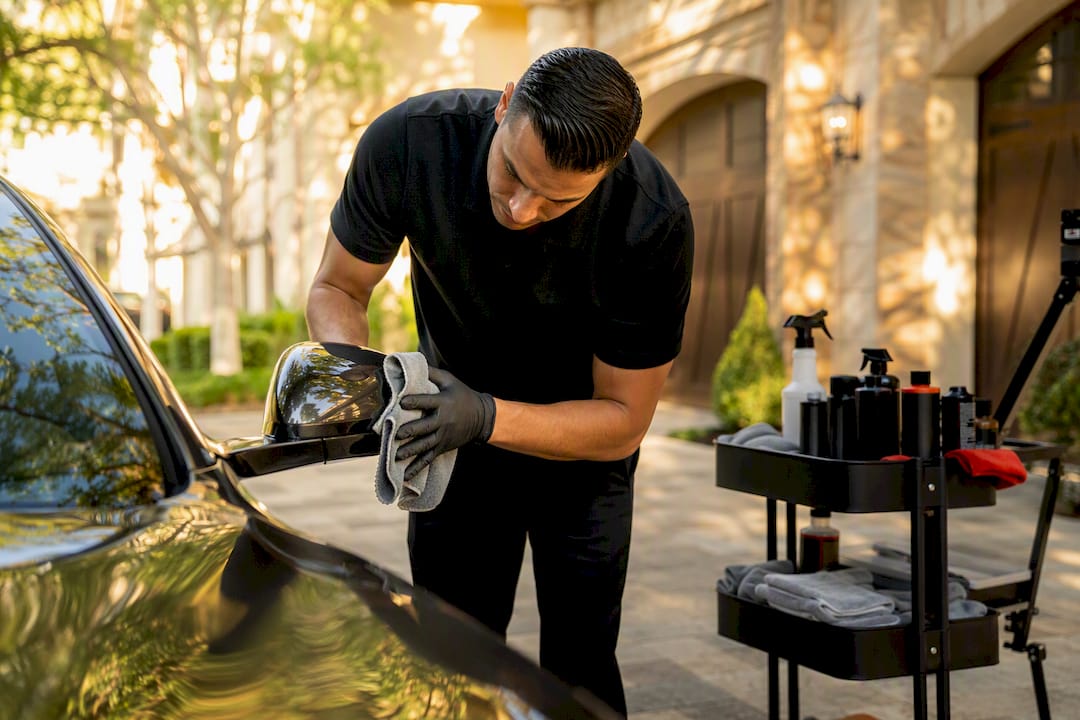 Detailer carefully wiping car mirror with cloth