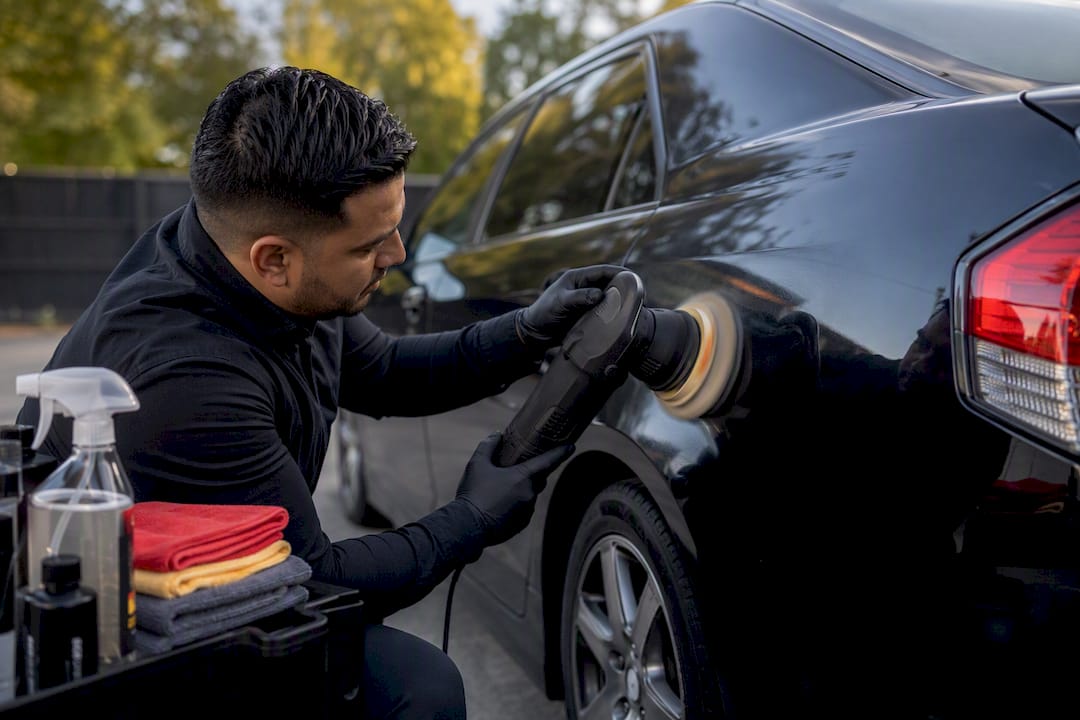 Detailer performing paint correction on black car
