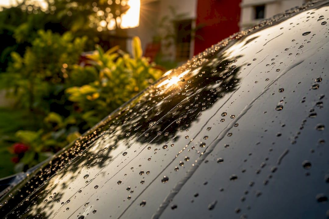 Water beading on ceramic coated black car