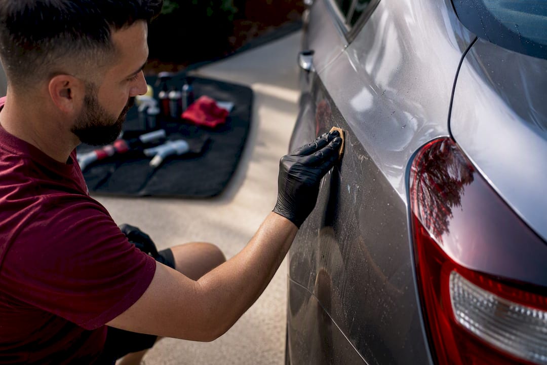 Auto detailer removing water spots with clay bar
