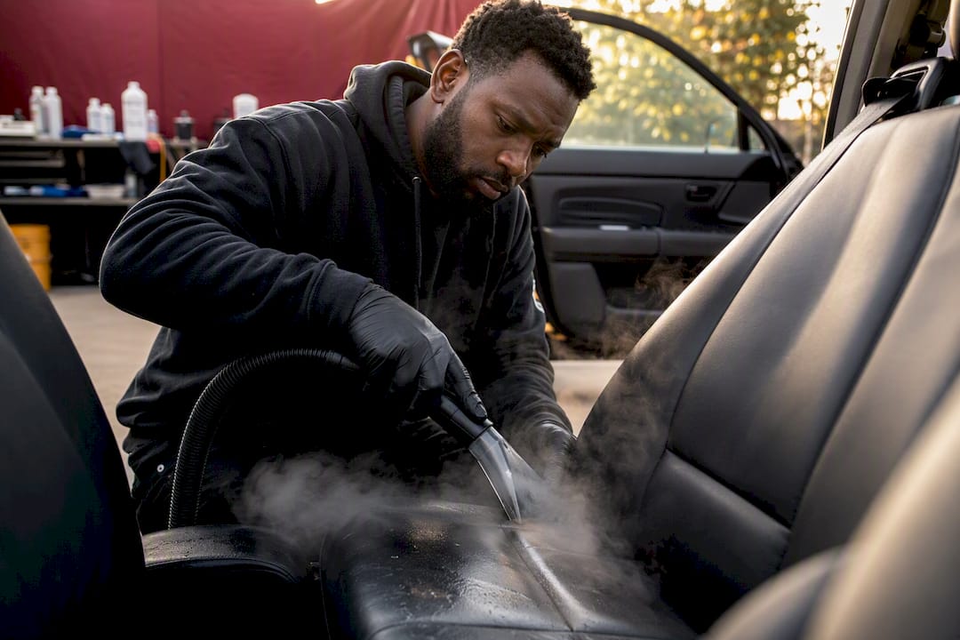 Detailer steaming leather car seat carefully