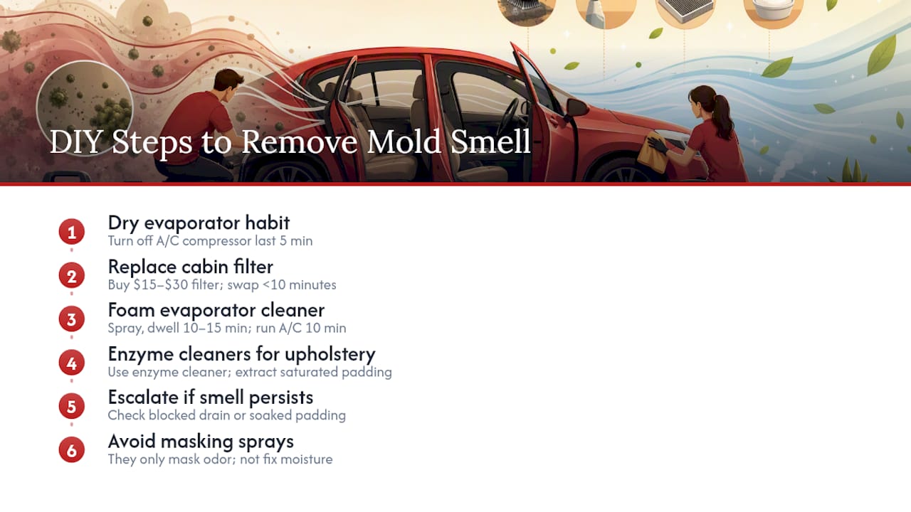 Step-by-Step DIY Fixes to Remove Mold Smell From Your Car — overview diagram