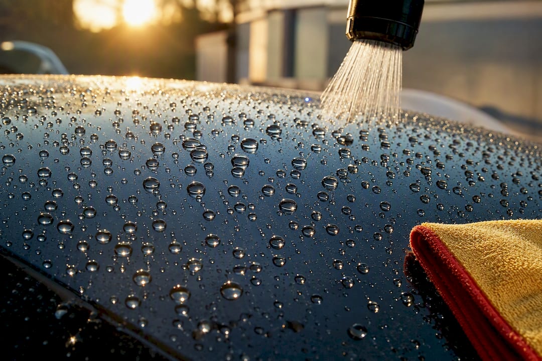 Water beads rolling across coated car paint
