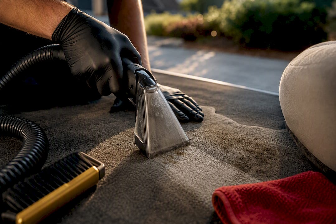 Technician extracting stain from vehicle carpet