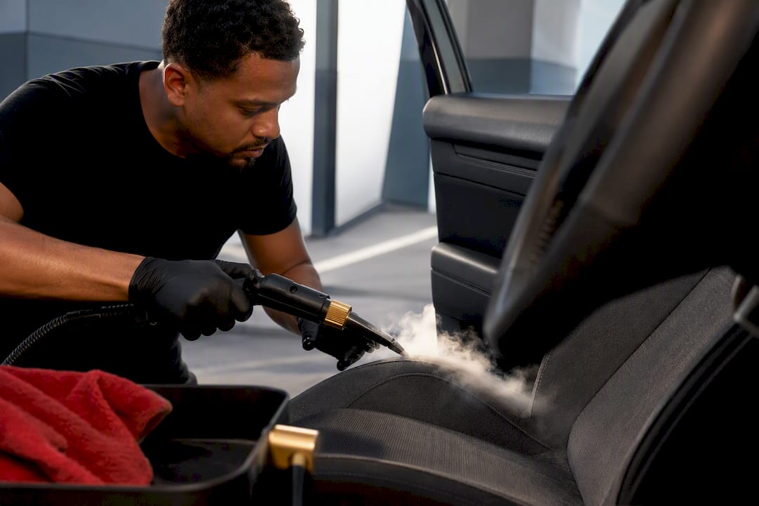 Detailer steam-cleaning anonymous vehicle upholstery