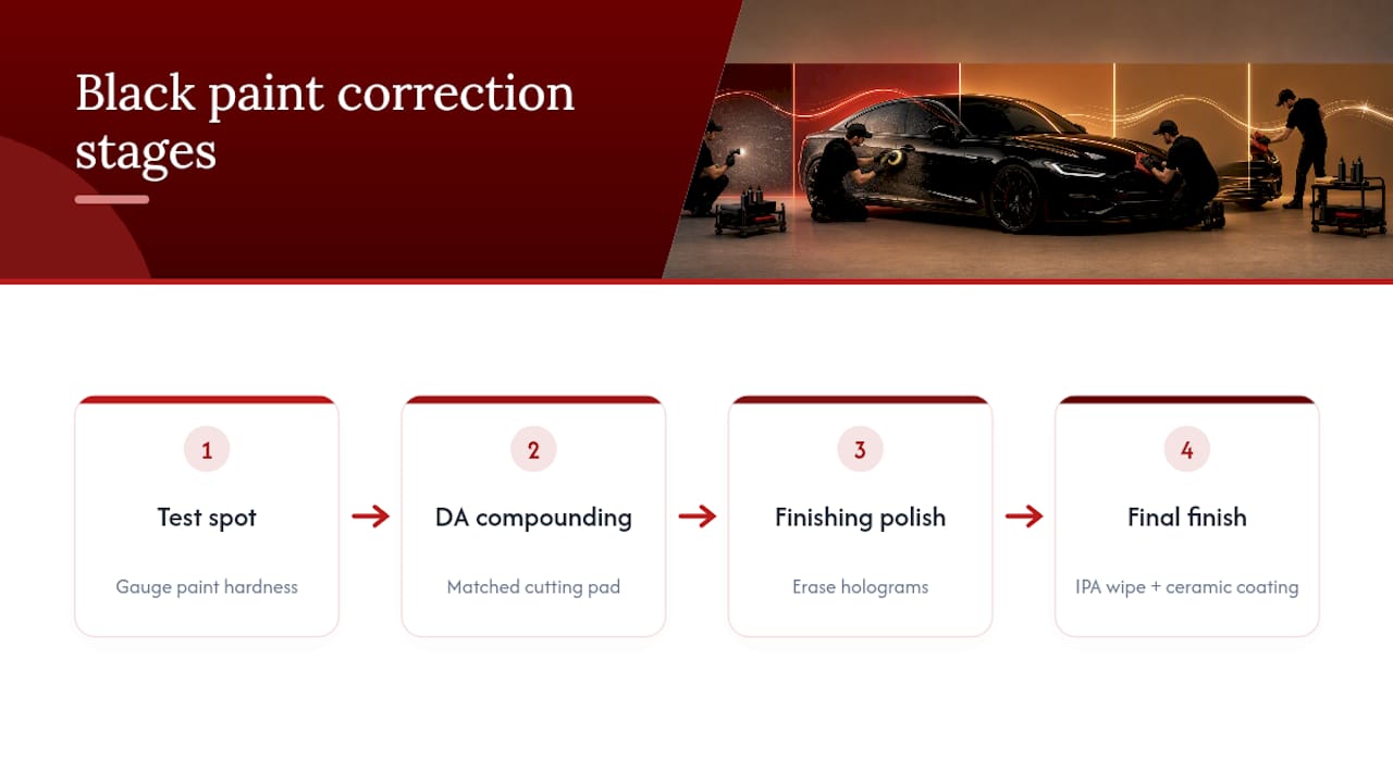 Four-stage black paint correction workflow