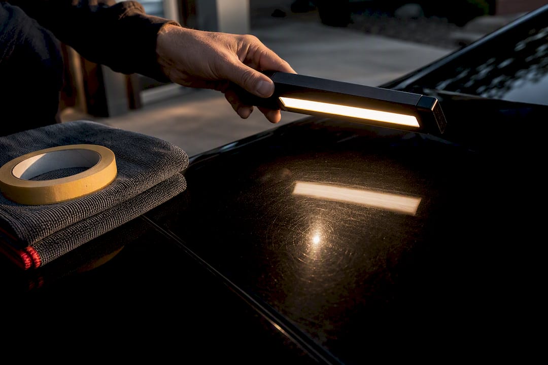 LED light revealing swirls on black paint